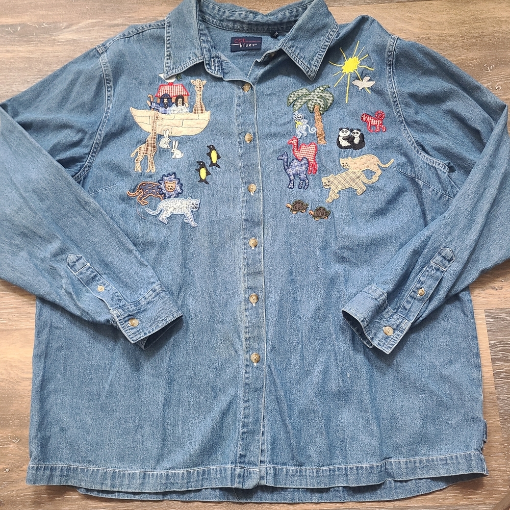 CST Vintage 80s Noah's Ark Embroidered Design Button Down Shirt Women's Size 20